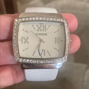Chico's Silver and White Watch with Crystal Accents